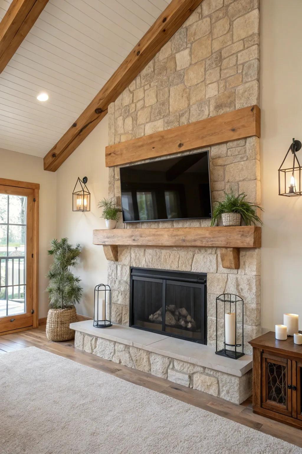 Rustic elements bring warmth and character to your TV and fireplace setup. 🌿🔥 #RusticDecor #WarmInteriors