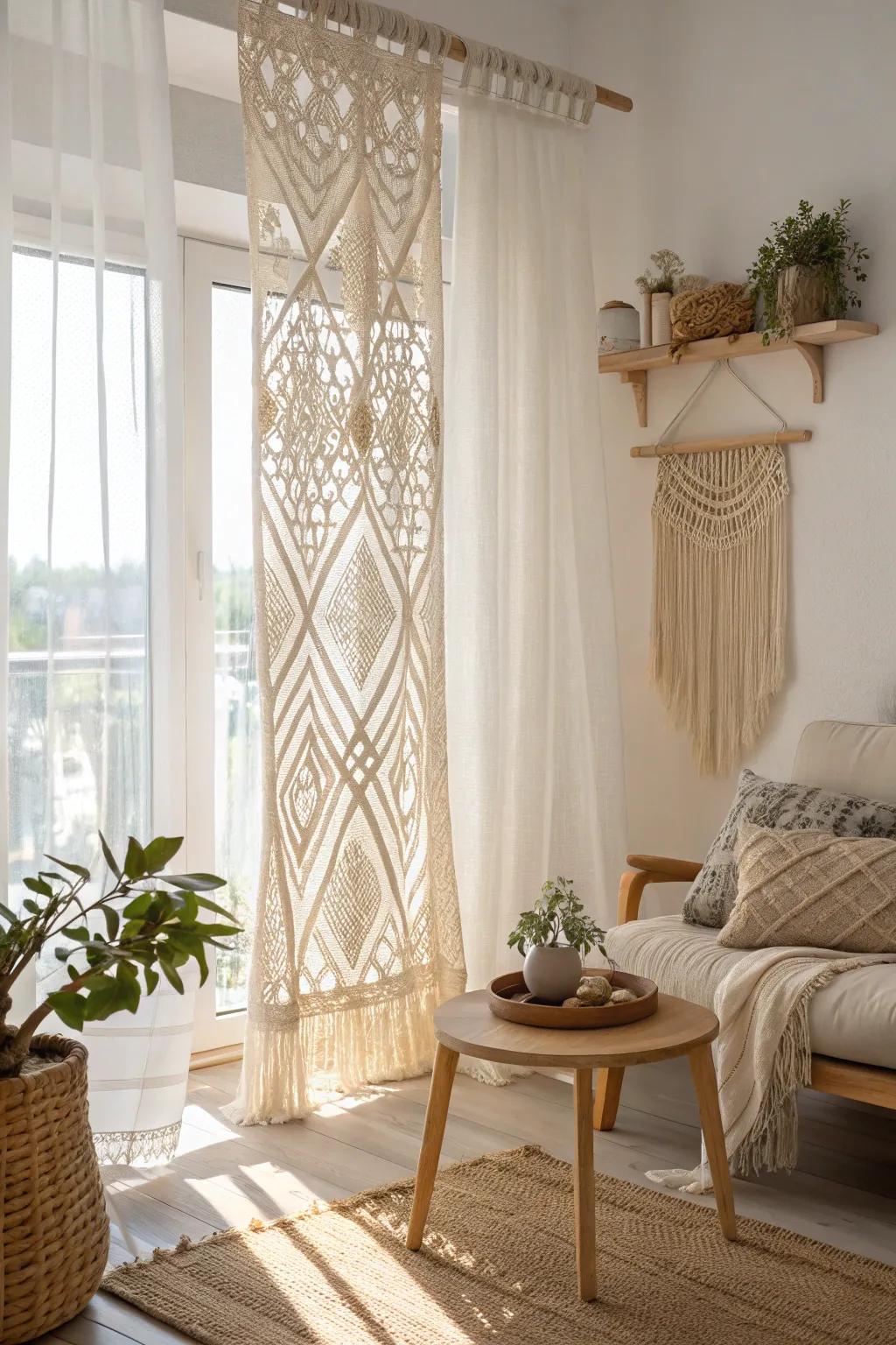Embrace a boho-chic vibe with textured macramé curtain panels, perfect for creating cozy nooks.