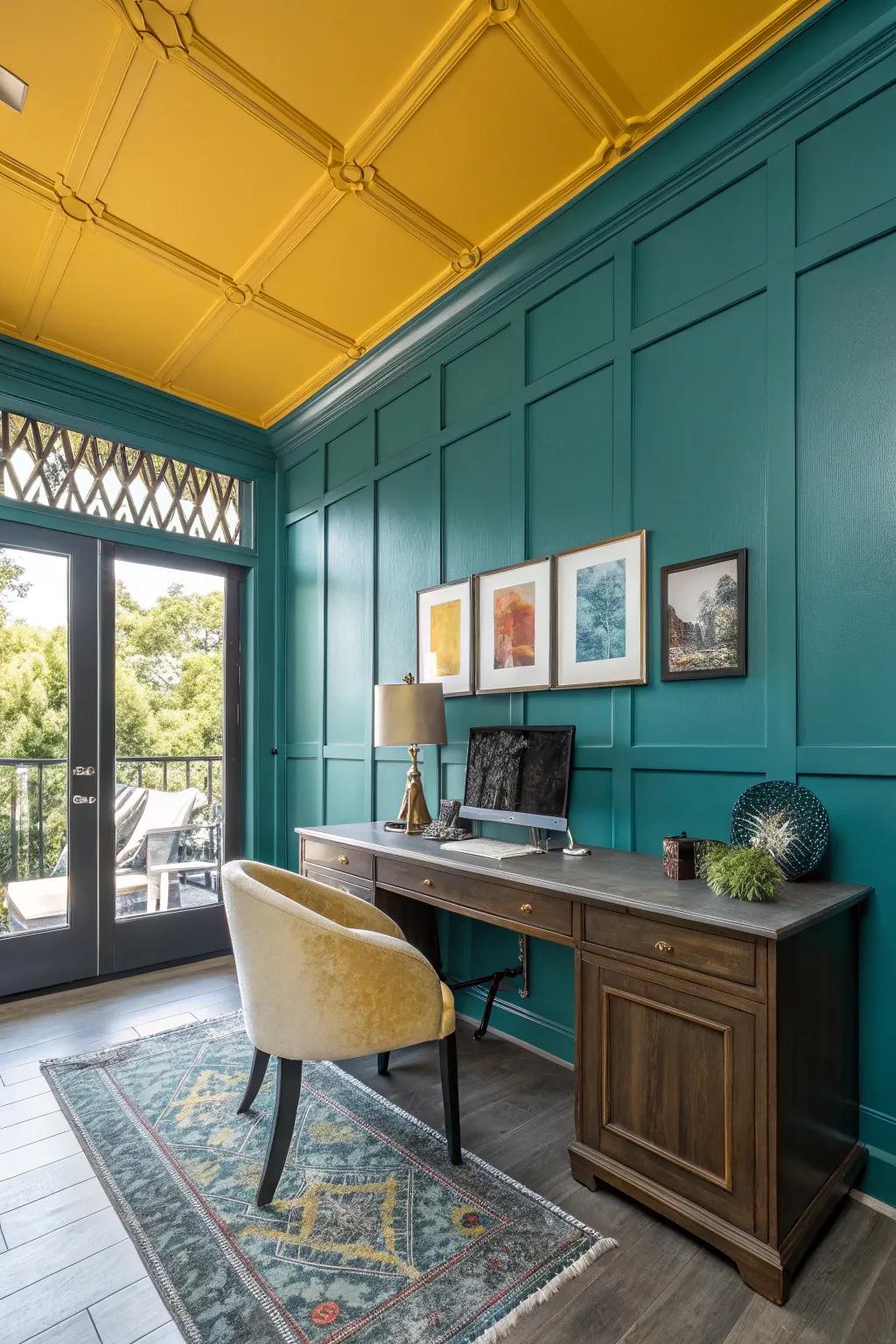 Create visual interest with two-tone walls and contrasting wainscoting. 🎨 #OfficeDesign #ColorPop