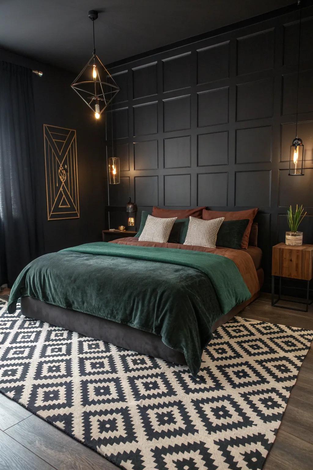 Monochrome patterns bring personality and style to your all-black bedroom. #BedroomDecor #CozyVibes 🛏️