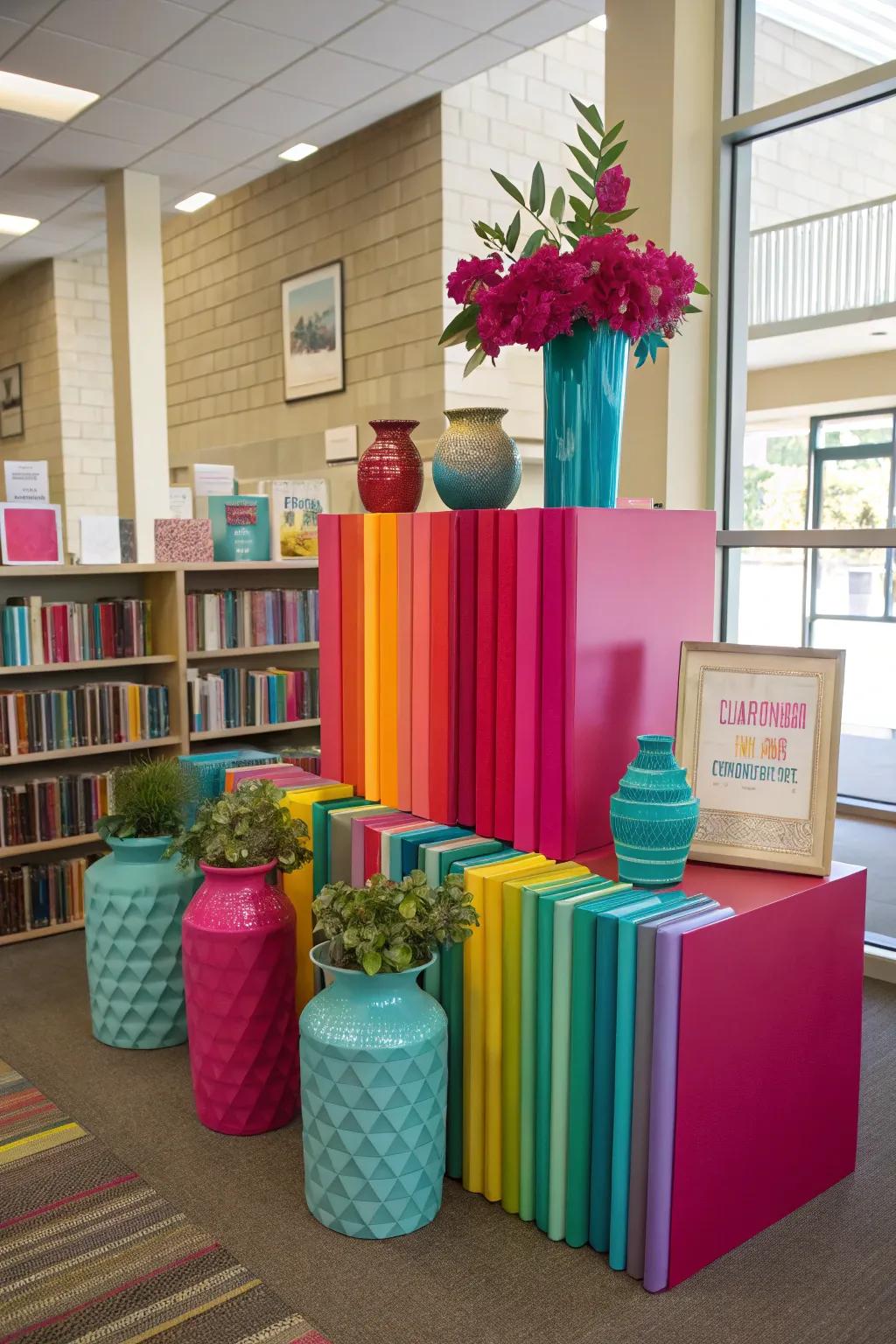 Add a splash of color to your library displays for an eye-catching appeal! 🌈📚 #ColorfulDecor #LibraryInspiration