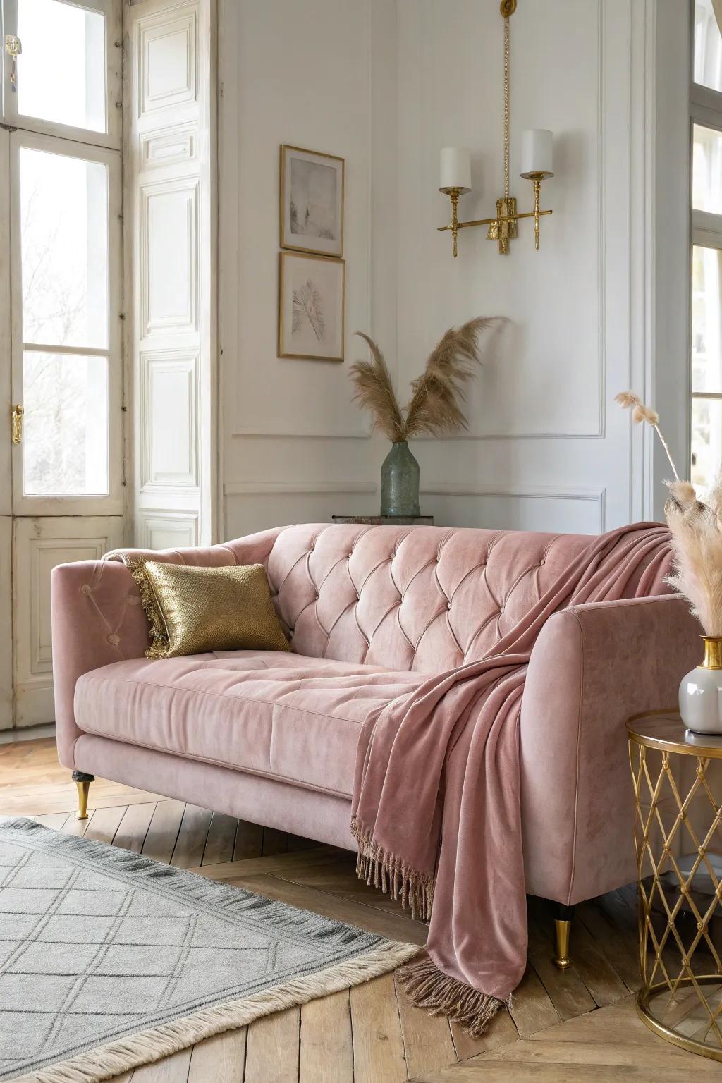 Indulge in luxury with a blush couch that exudes glamour and sophistication. ✨ #LuxuryLiving #HomeGlam