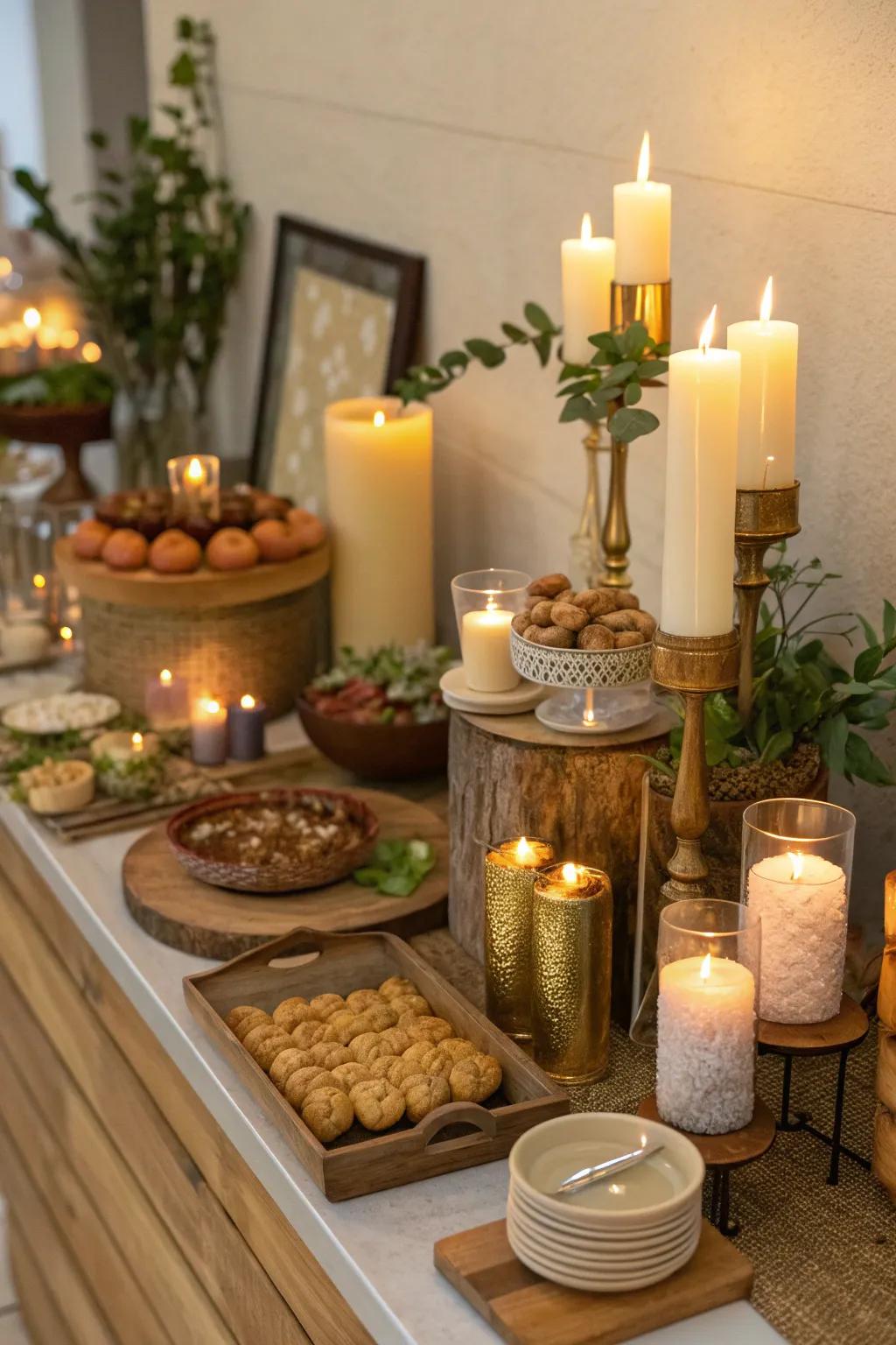 Create a cozy ambiance with a mix of candles and elegant holders.