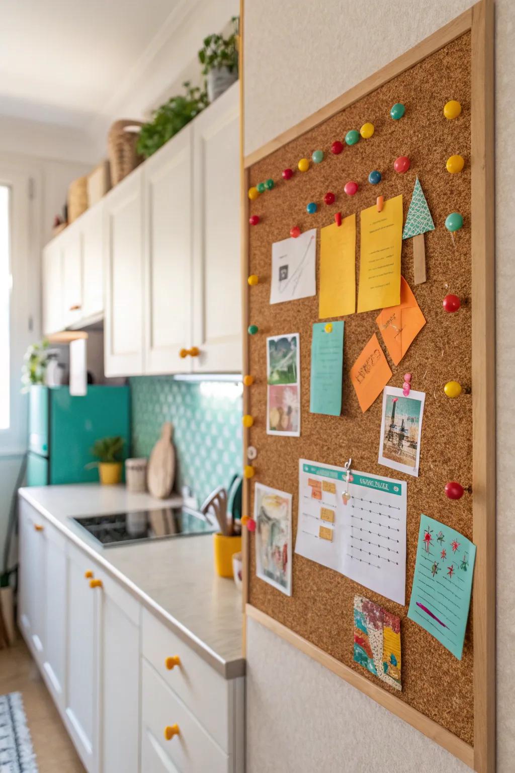 Combine function and style with a corkboard wall that's perfect for pinning memories. #KitchenGoals #CreativeSpaces
