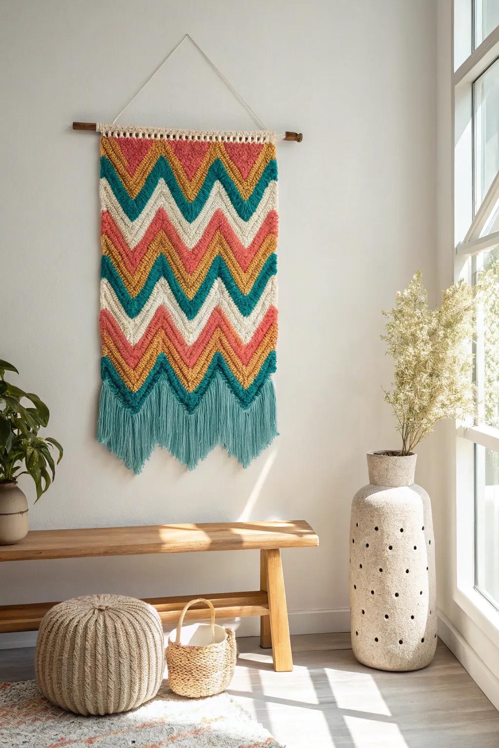 Infuse your space with energy using a vibrant chevron crochet design. 🌈 #CreativeHome