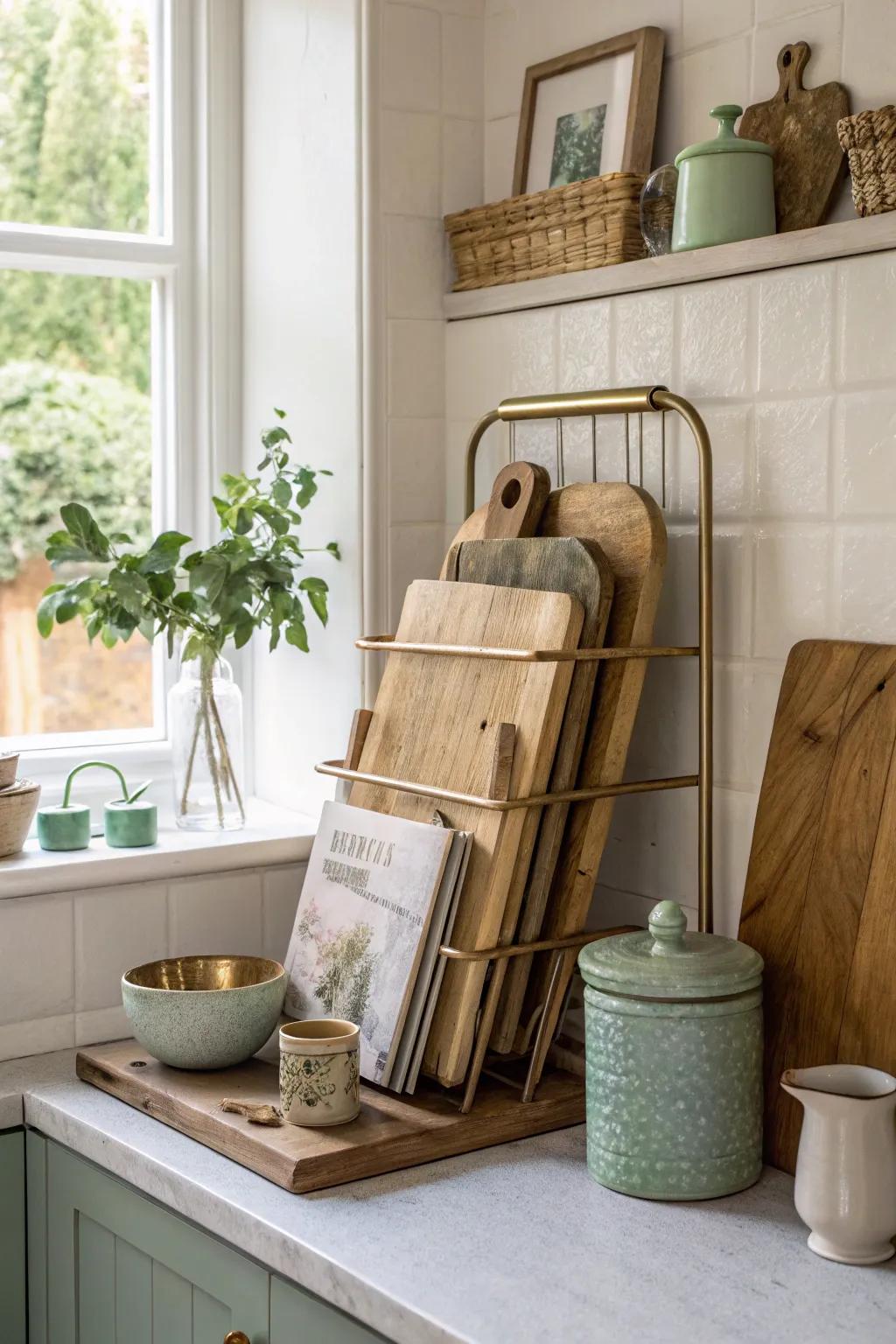 Add a touch of vintage charm by storing your cutting boards in a repurposed magazine rack. #VintageDecor #UpcycledStyle #KitchenInspiration