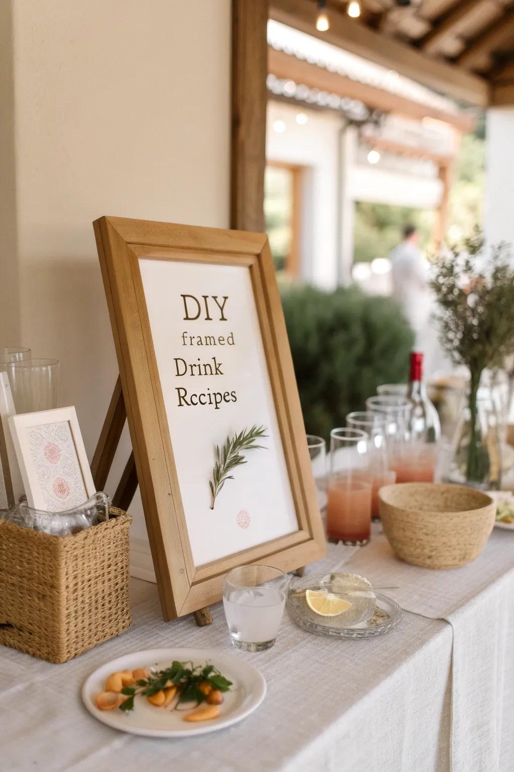 Invite your guests to explore new flavors with framed drink recipes for a fun twist.