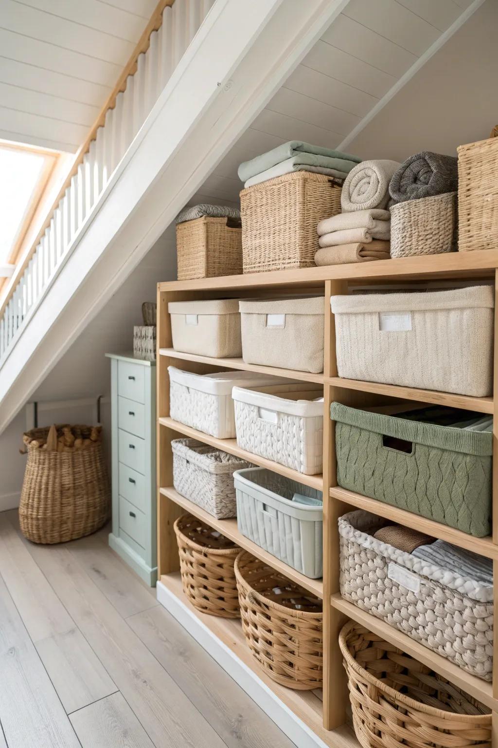 Organize your eaves with stylish bins and baskets, perfect for keeping clutter at bay. #OrganizeYourLife #StorageTips