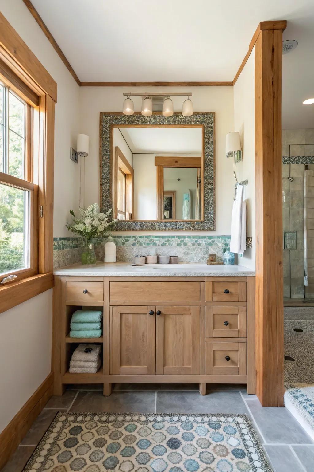 Create a stunning focal point with the intricate details of mosaic tiles. ✨ #MosaicMagic #BathroomDecor #FarmhouseChic