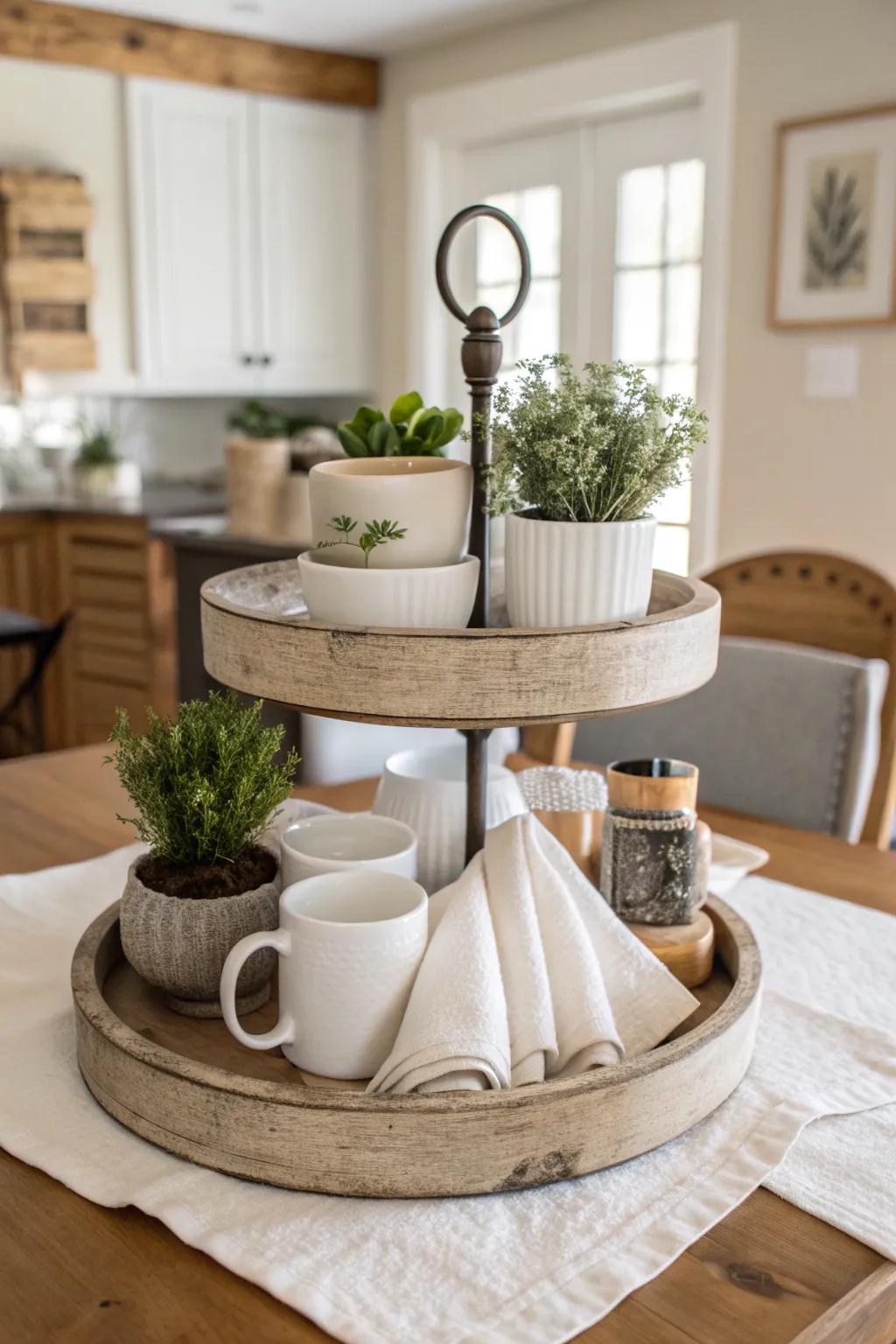Achieve timeless elegance with a neutral color palette on your farmhouse tiered tray.
