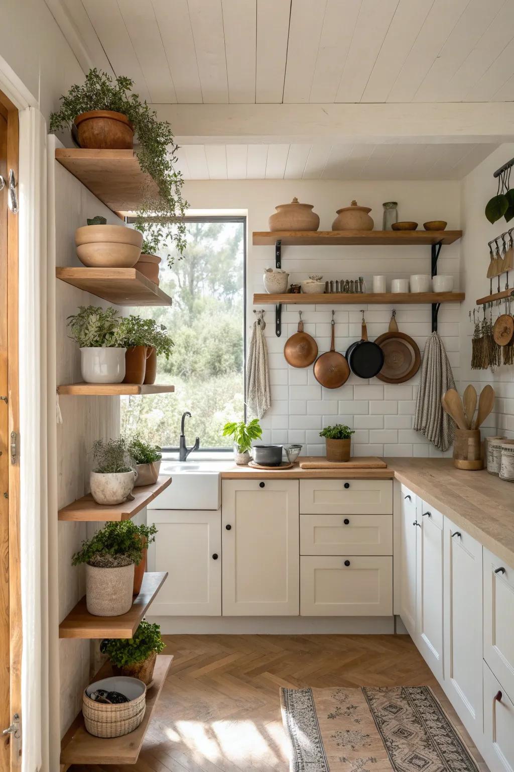 Shelving combined with hanging pots adds both functionality and style to your kitchen. 🏡