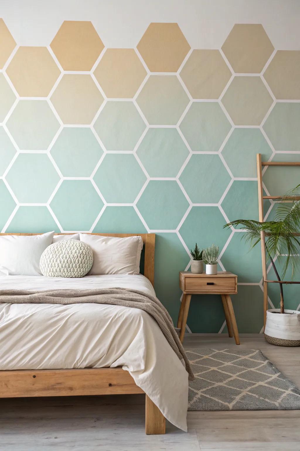 Elevate your space with a calming ombre hexagon wall. 🌈 #OmbreArt #BedroomInspo