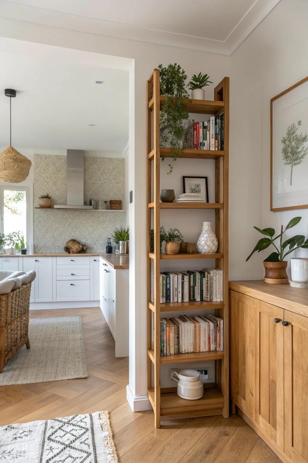 A shelf divider adds style and function, creating a seamless transition between rooms. 🏠 #ShelfDesign #HomeIdeas