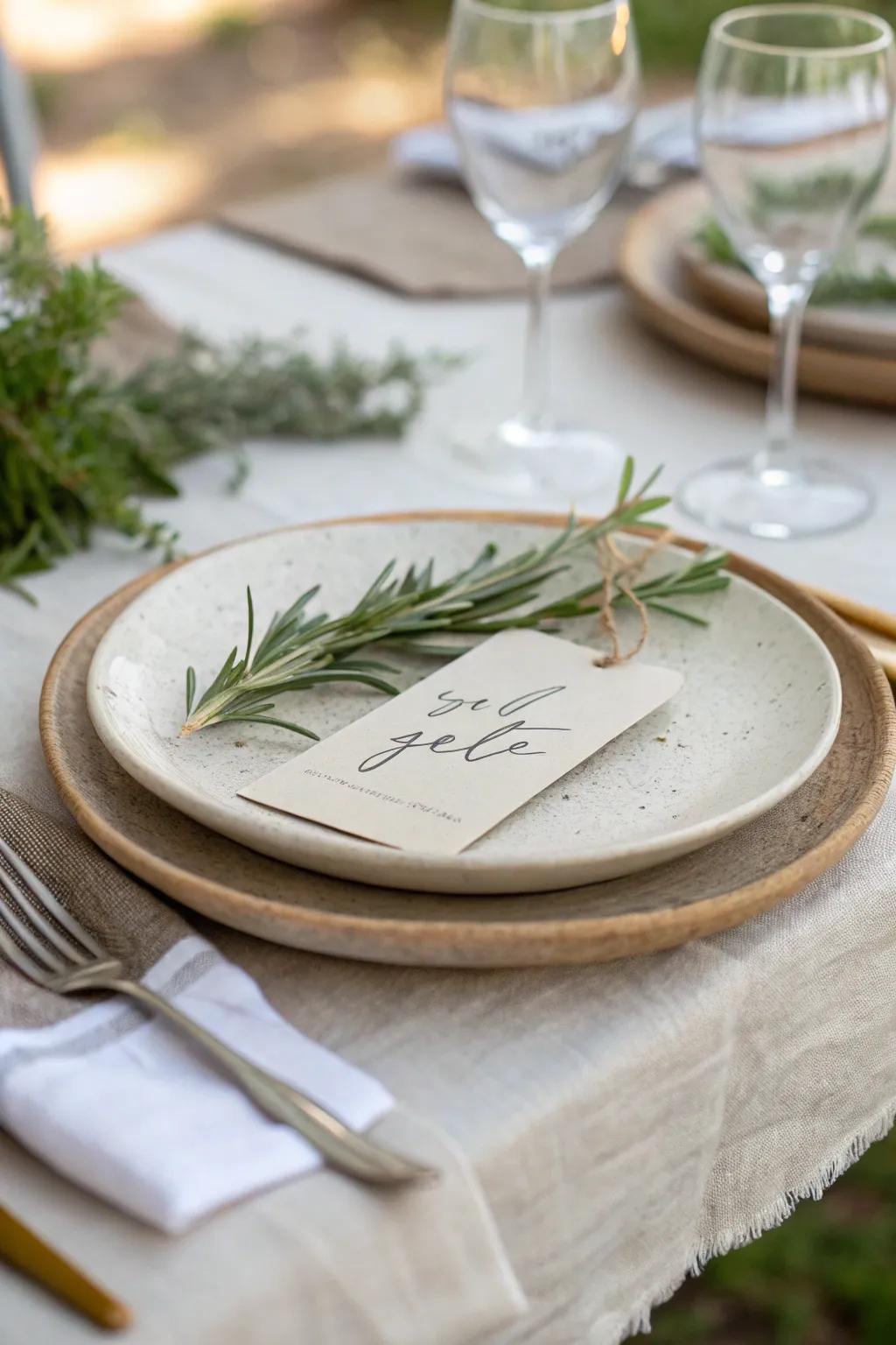 Add a personal touch with handwritten place cards, complete with a hint of nature.