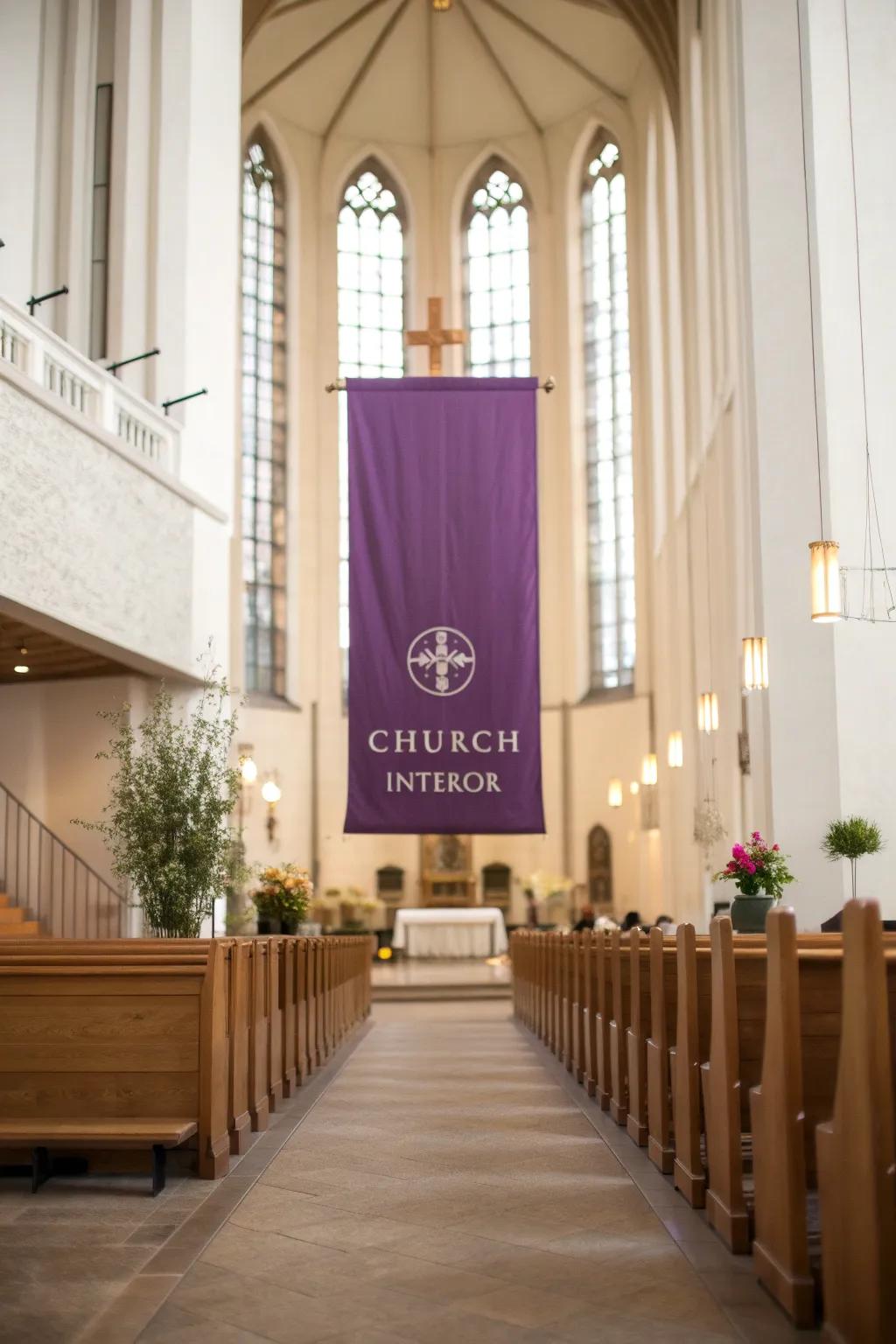 Purple banners envelop the church in the symbolic color of Lent, enhancing its sacred atmosphere. 💜 #Penance #ChurchDecor