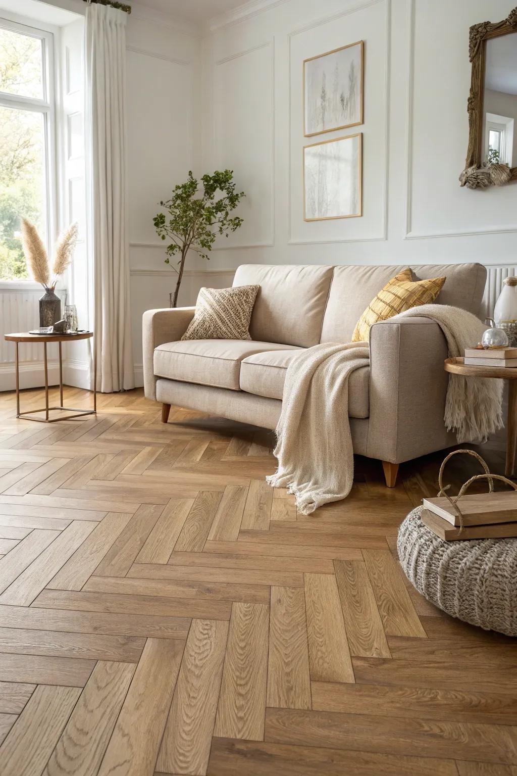 Herringbone vinyl flooring adds a timeless elegance to any living room. 💫 #Herringbone #VinylFlooring #HomeDecor