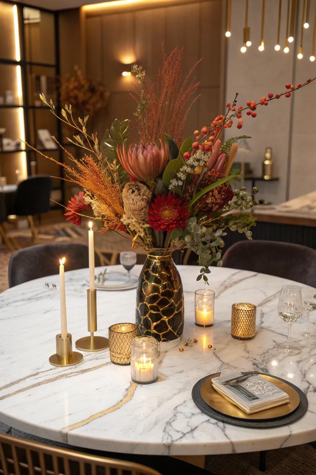 Make a statement with a bold centerpiece on your marble dining table.