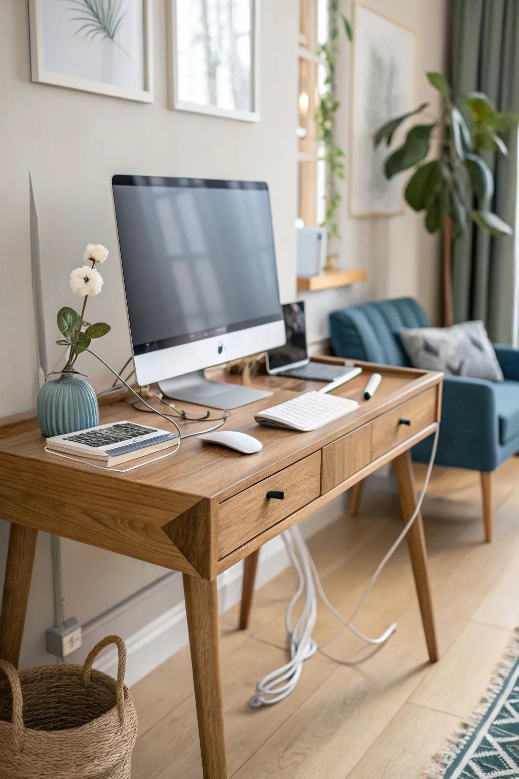 Embrace a clutter-free workspace with tech-savvy desk solutions. #OrganizedTech #HomeOffice