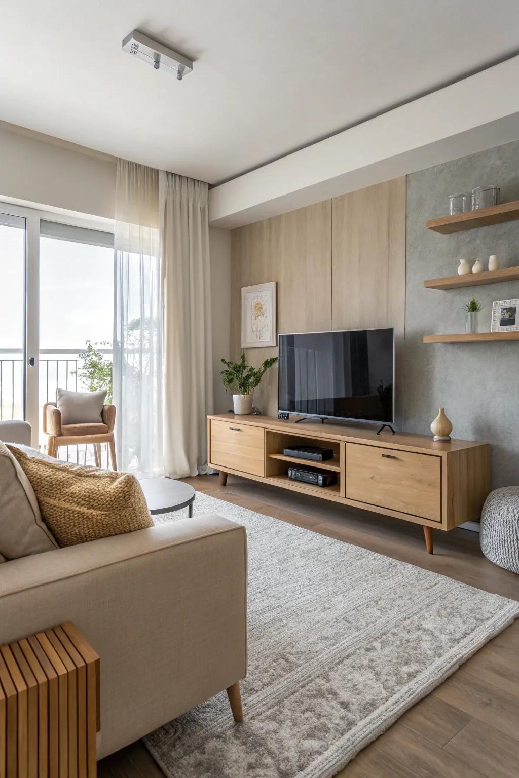 A neutral palette sets a serene tone, perfect for a modern TV room. 🎨 #NeutralDecor #TVRoom #InteriorInspiration
