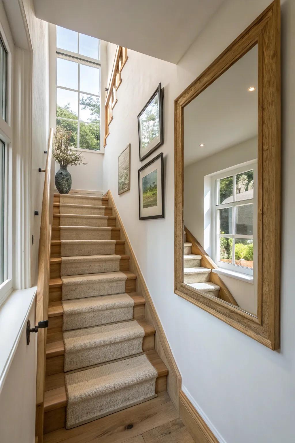 Artwork and mirrors add depth and personality to narrow staircases. 🎨 #ArtDecor #InteriorInspiration #HomeStyle