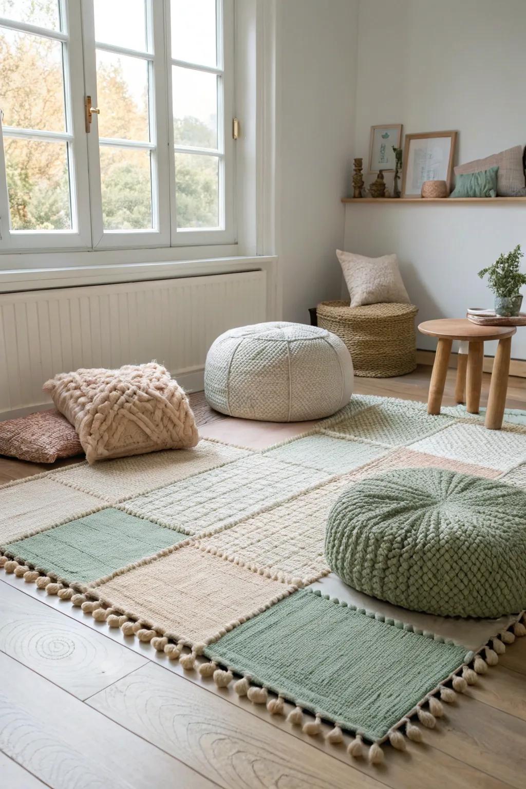 Create a warm and inviting seating area with layered rugs and cushions. #CozyPlayroom #SoftTextures