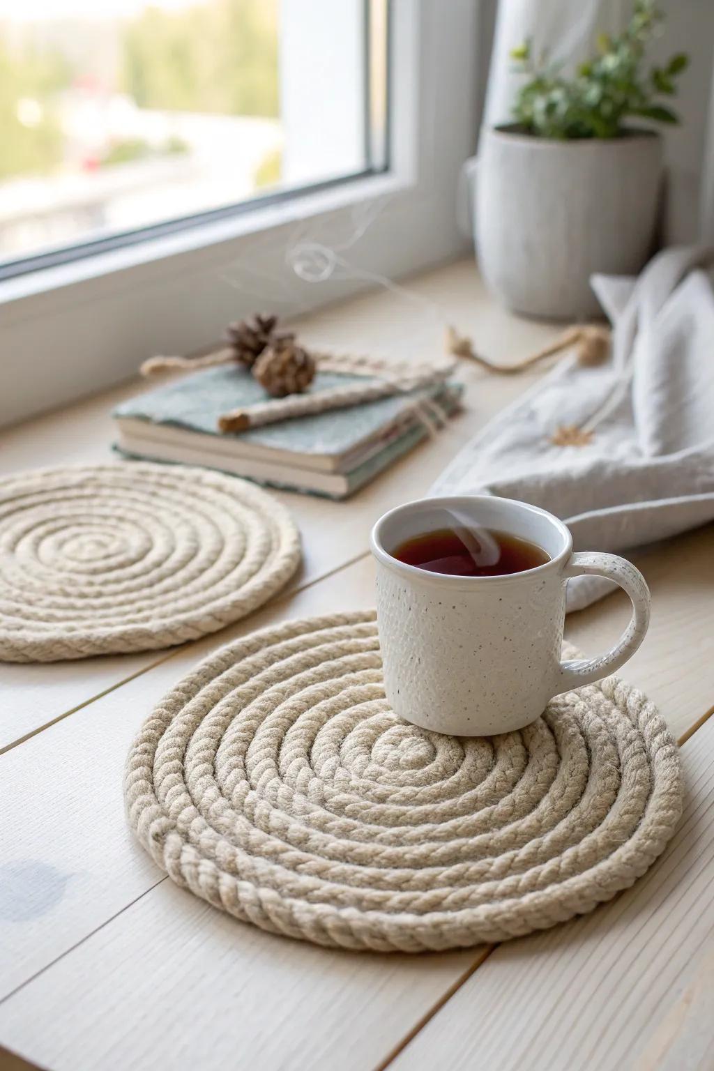 Handcrafted rope coasters bring a touch of rustic charm to your kitchen. 🍵🧵 #DIYDecor #CraftingFun