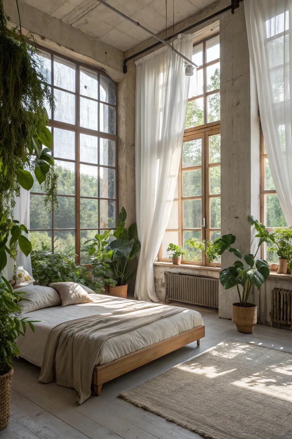 Natural light and greenery create a vibrant and refreshing bedroom atmosphere. 🌞 #NaturalLight #Greenery