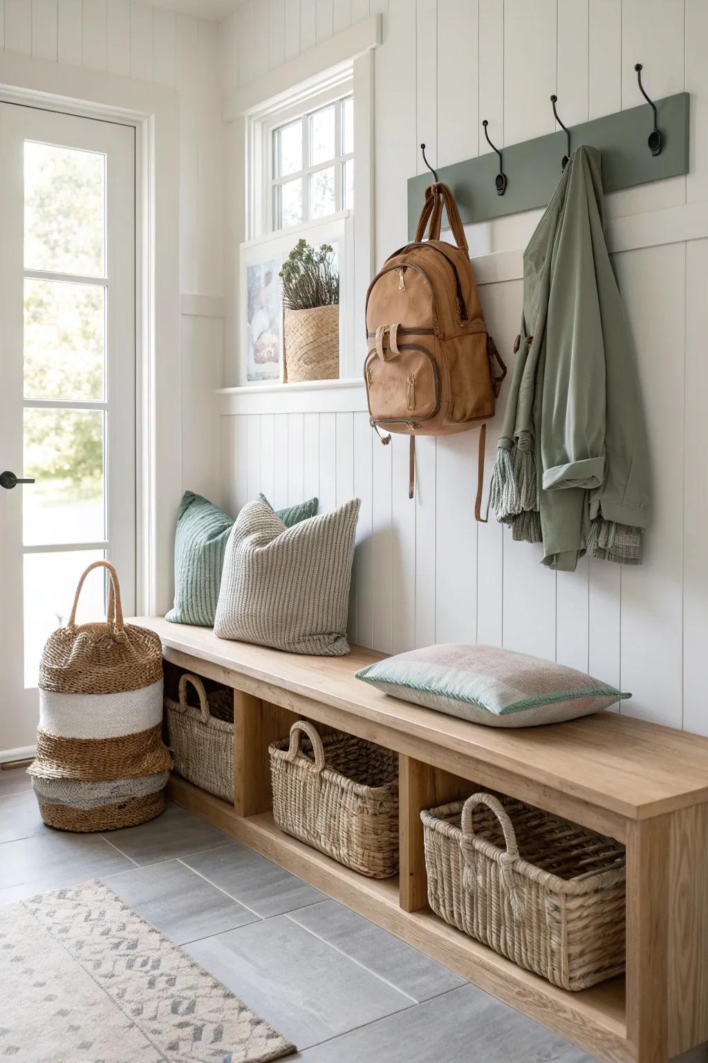 Create a dedicated mudroom area for seamless organization. 🏡 #MudroomMagic #EntrywayInspo