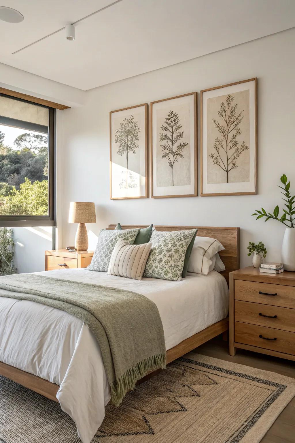 Minimalist art enhances the bedroom's elegance without overpowering the space. 🎨 #ArtInspiration #BedroomDecor