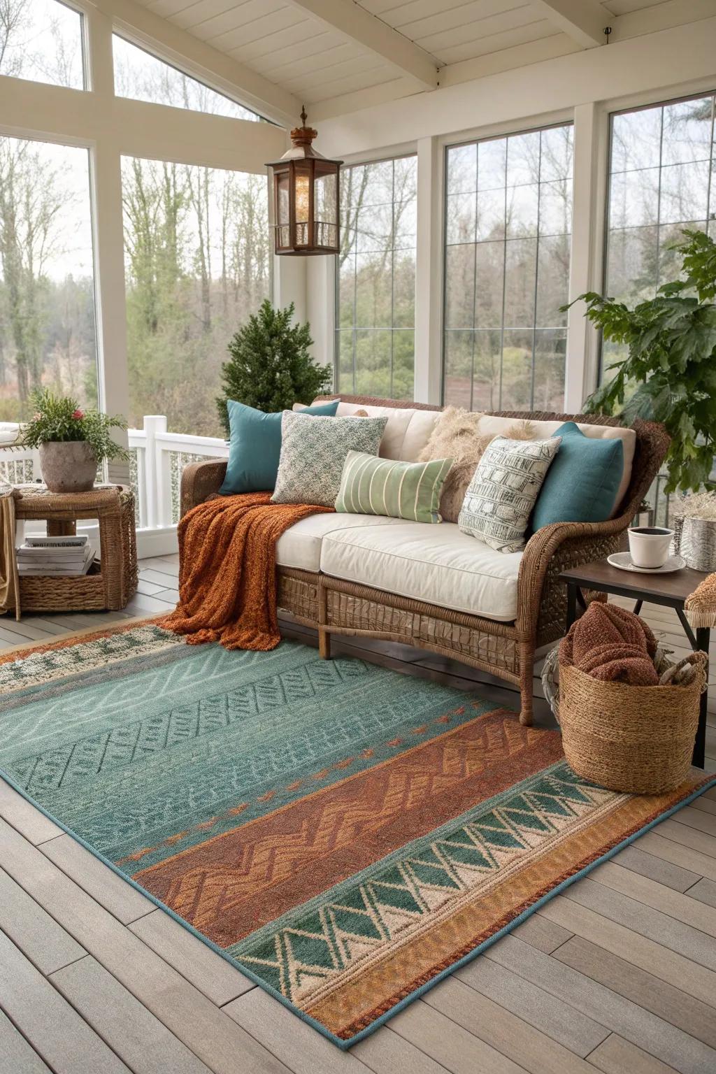 Seasonal rug colors keep your sunroom feeling fresh and in tune with the changing moods. 🍂 #SeasonalDecor #InteriorDesign