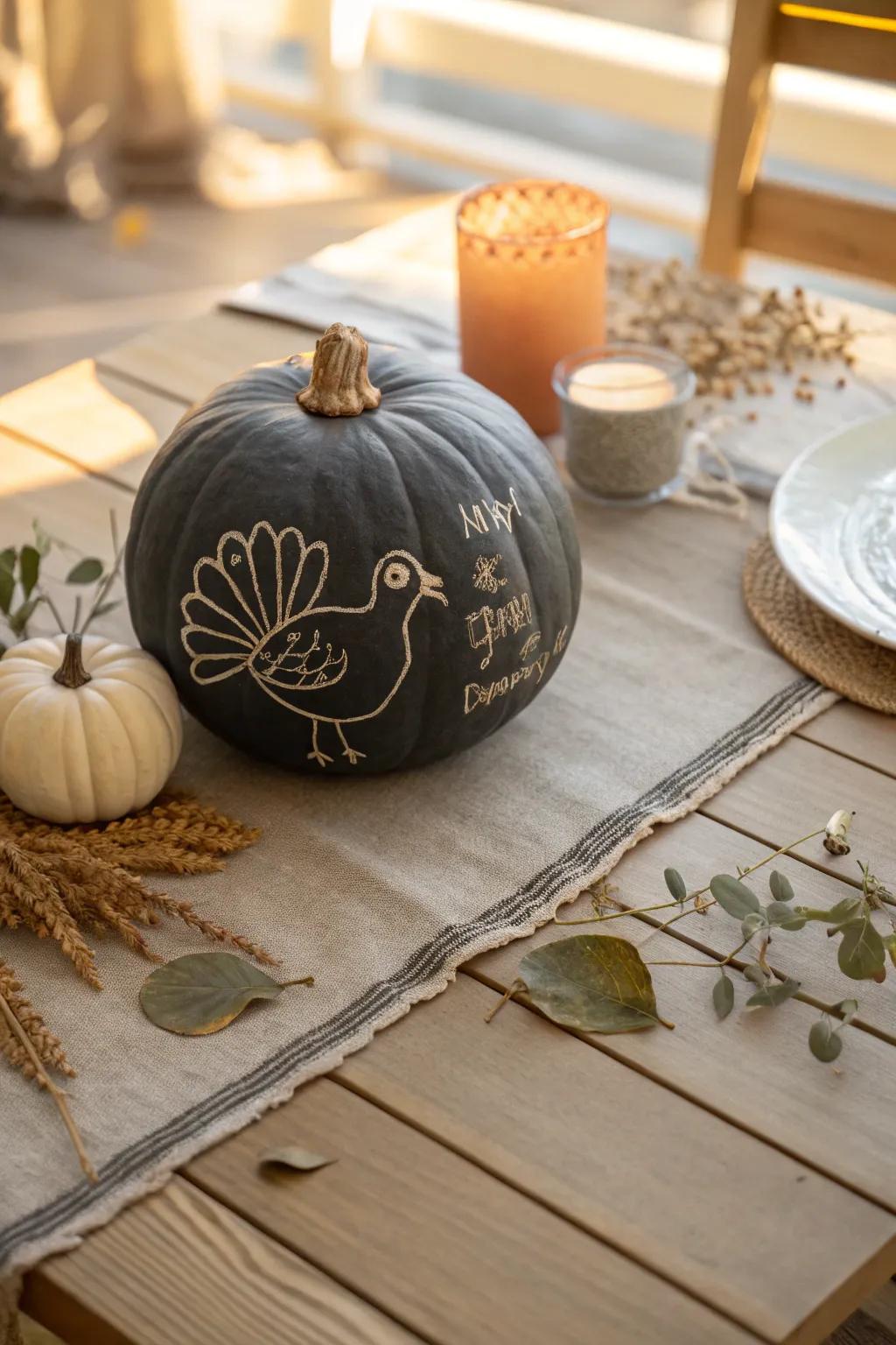 Get creative with a chalkboard pumpkin turkey that's perfect for family fun. 🖍️ #CreativeDecor