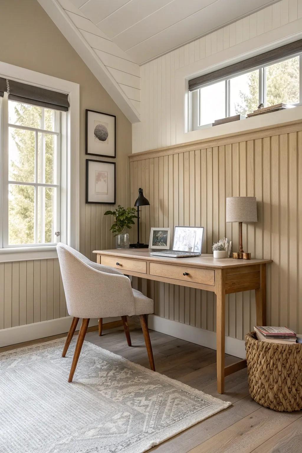 Add warmth and texture with beadboard wainscoting for a cozy office corner.