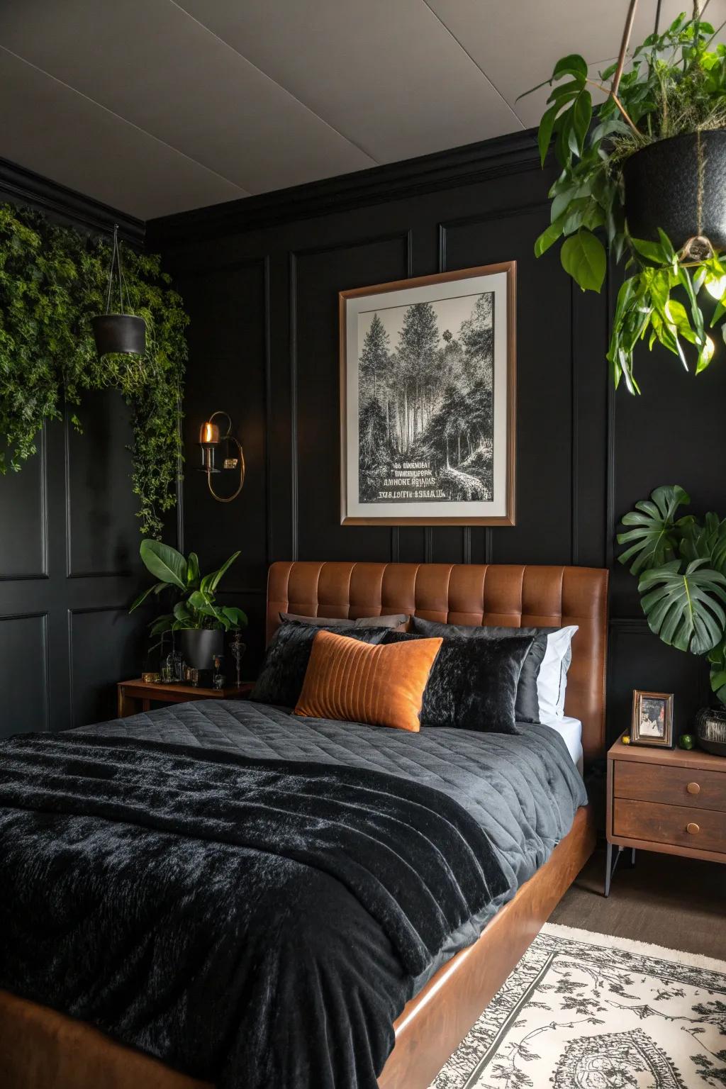 Art and greenery breathe life into your black bedroom, merging sophistication with nature.