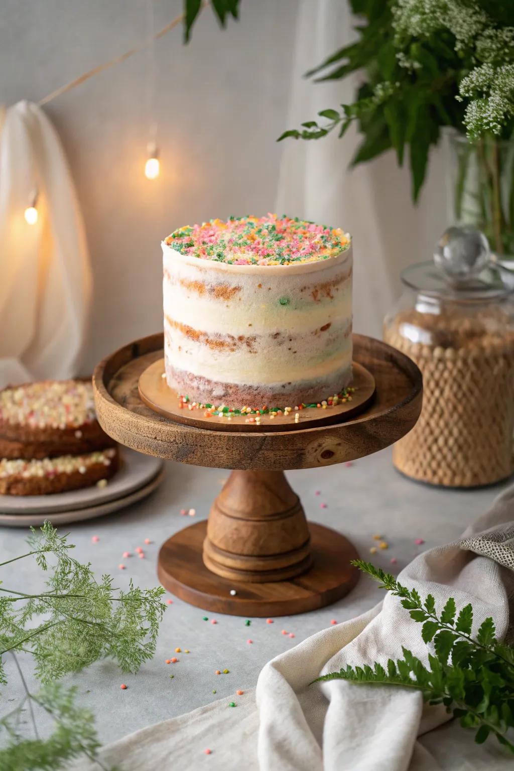 A rustic naked cake with sprinkles offers a chic and understated elegance for any celebration.