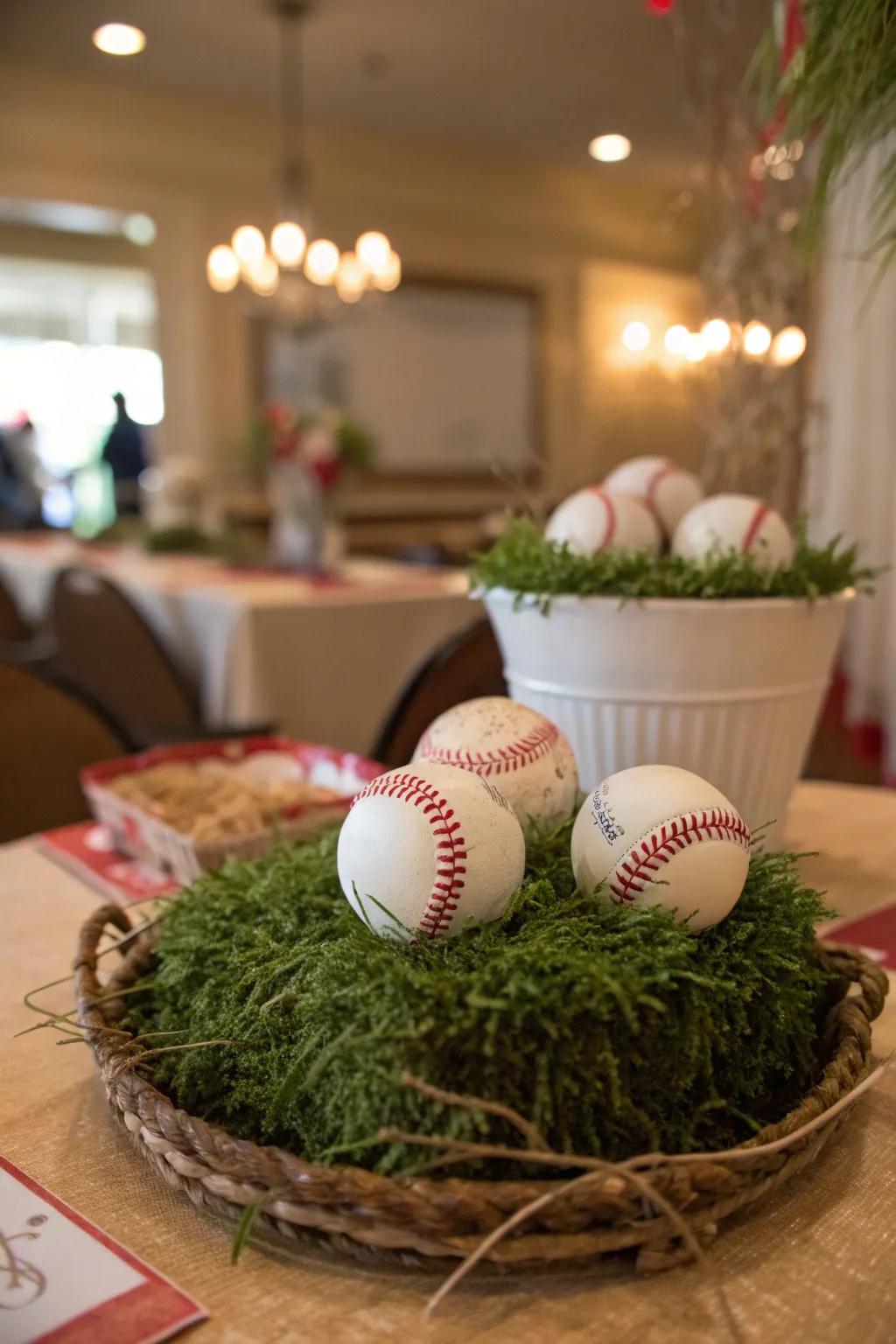 Bring the field to your table with artificial grass and baseballs.