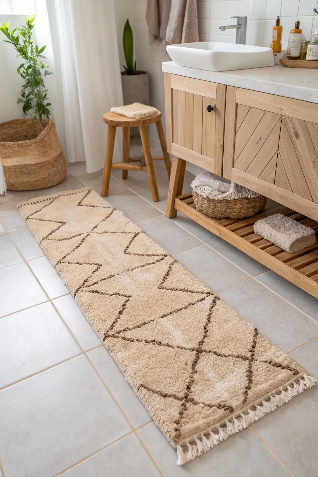 Indulge in plush comfort with a Moroccan runner, transforming your bathroom into a cozy retreat.