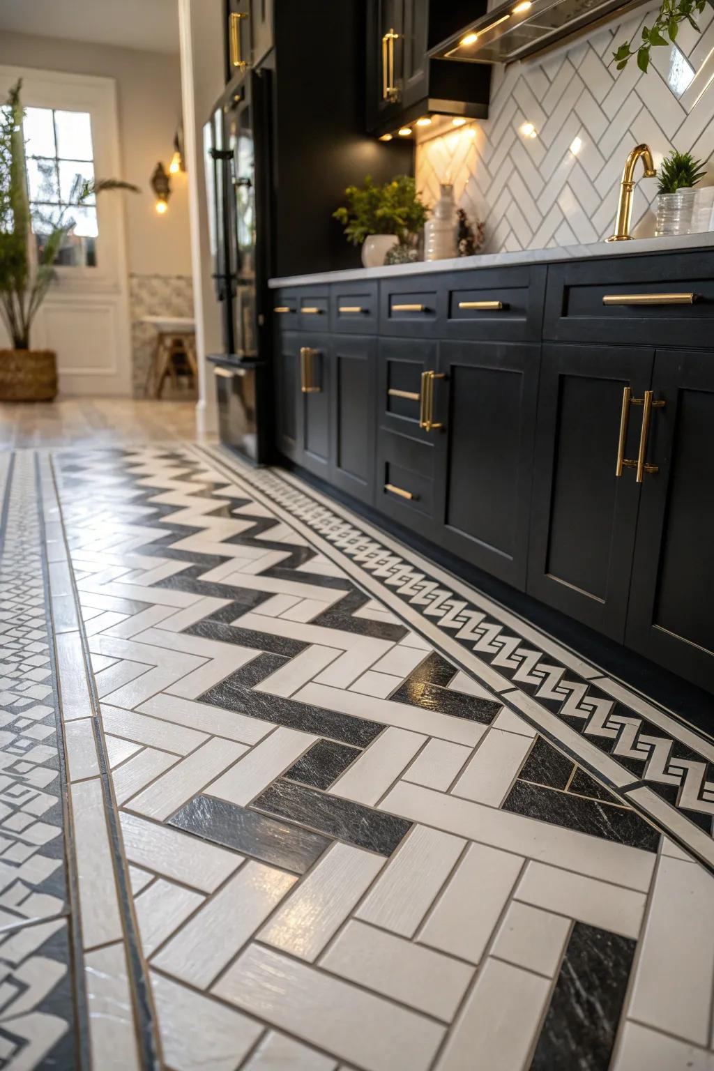 Elevate your kitchen with the elegant flow of herringbone tiles. #Herringbone #ChicKitchen #ElegantDesign