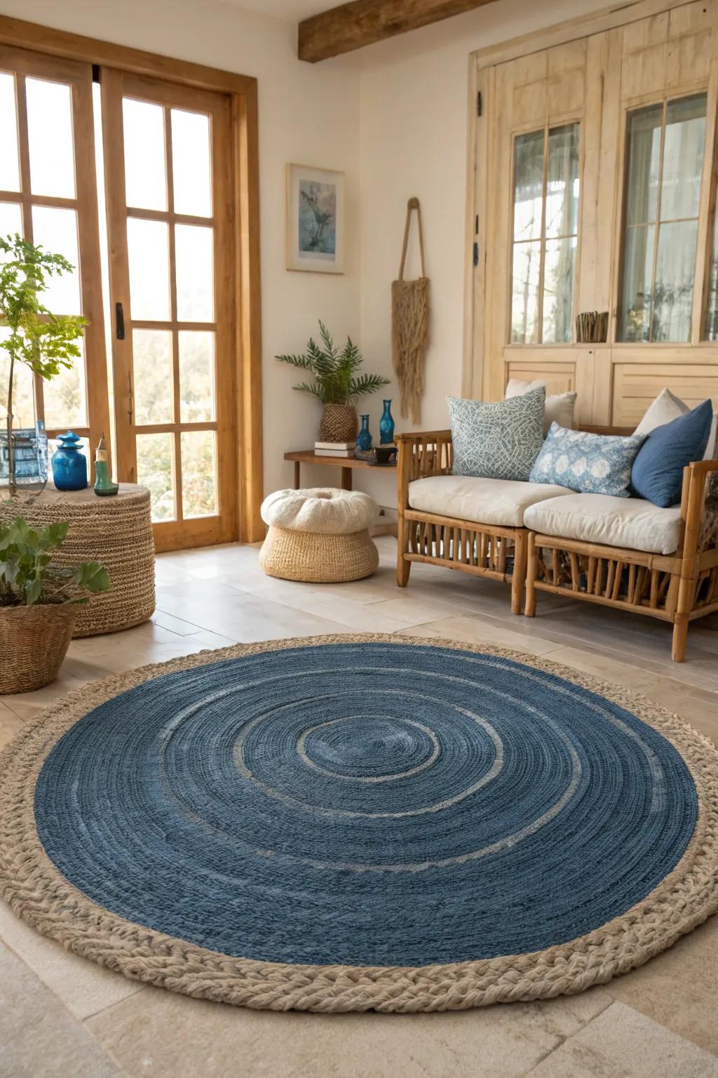 Create a visually dynamic look by layering a blue rug for added depth and interest.