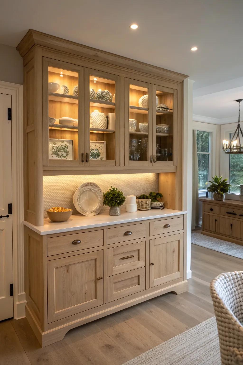 Illuminate your kitchen treasures with integrated lighting for a warm glow.