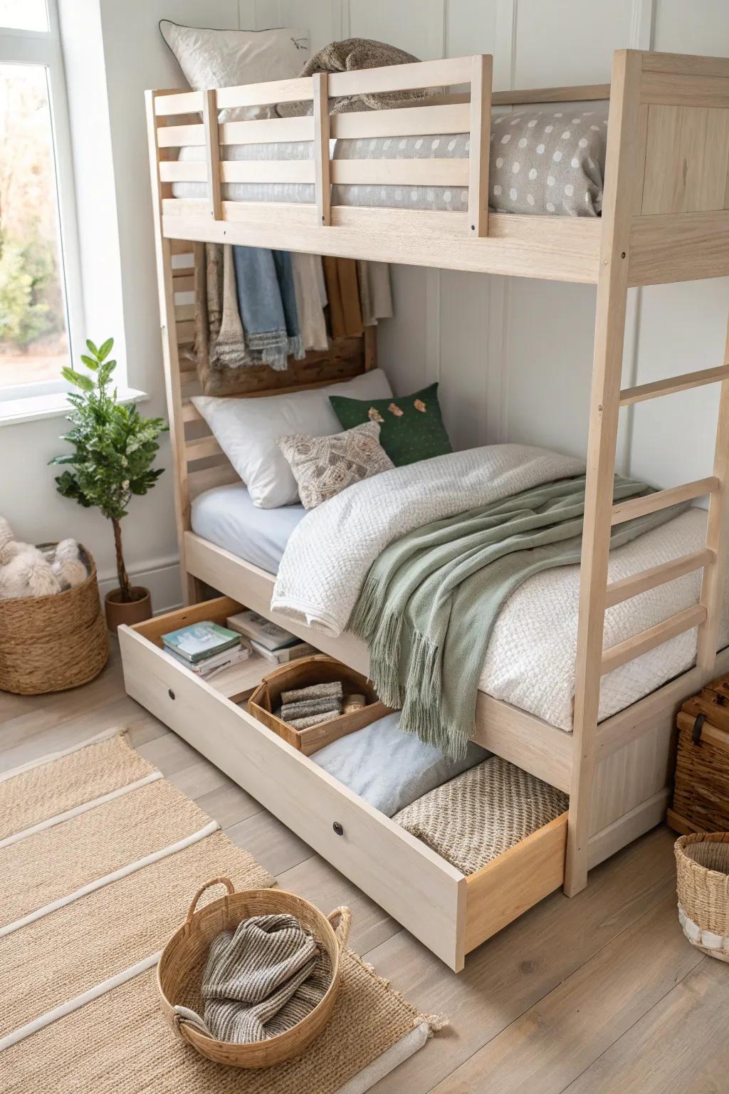 Discover the versatility of a trundle bed, ideal for hidden storage or an extra sleeping space.