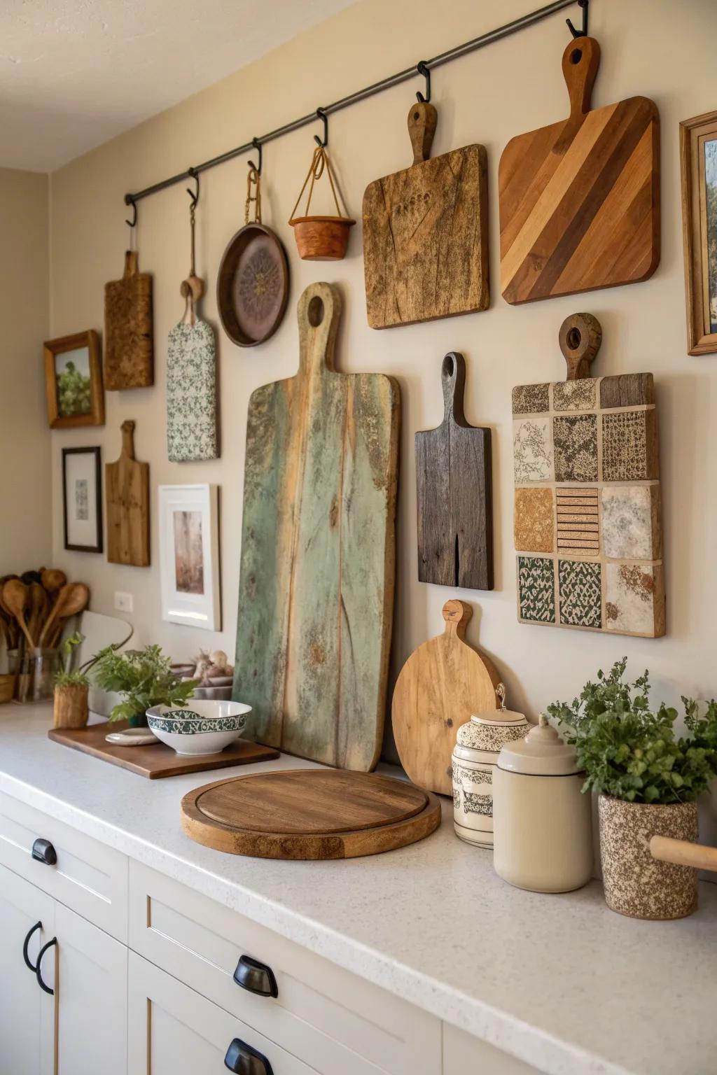 Transform your kitchen wall into an artful gallery with a curated display of cutting boards.