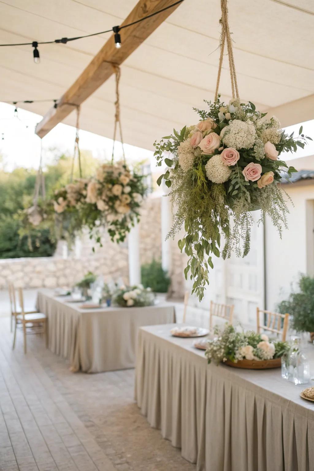 Suspended florals create a magical atmosphere, perfect for your special day.