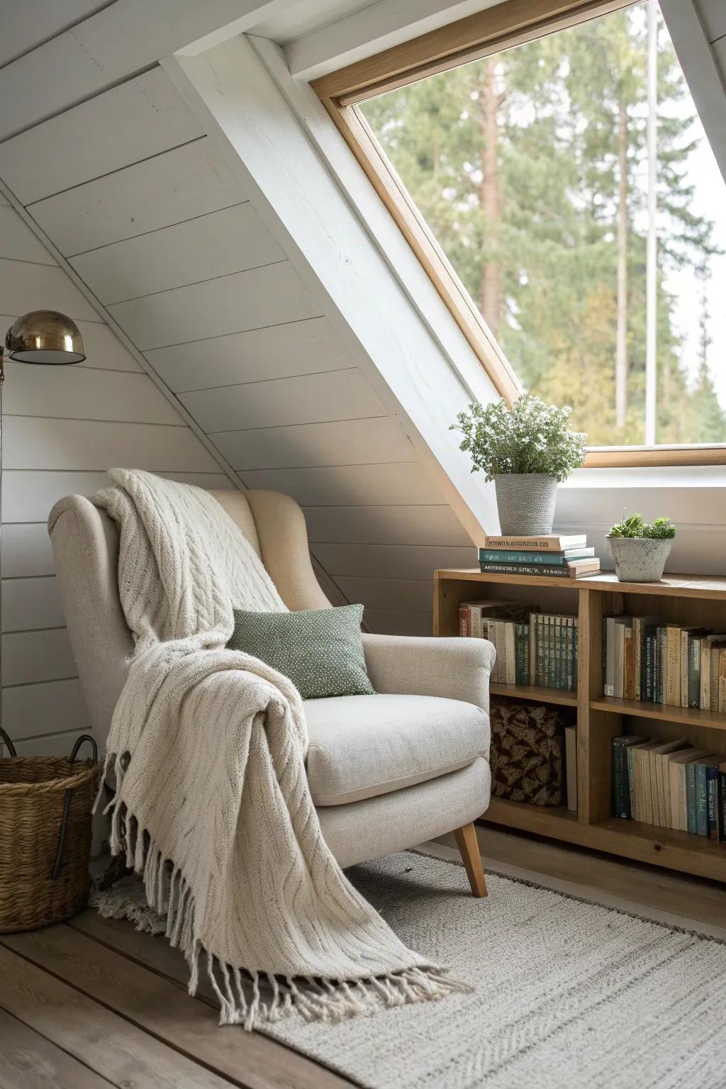 Create a cozy escape with a reading nook under your eaves, perfect for relaxing with your favorite book.