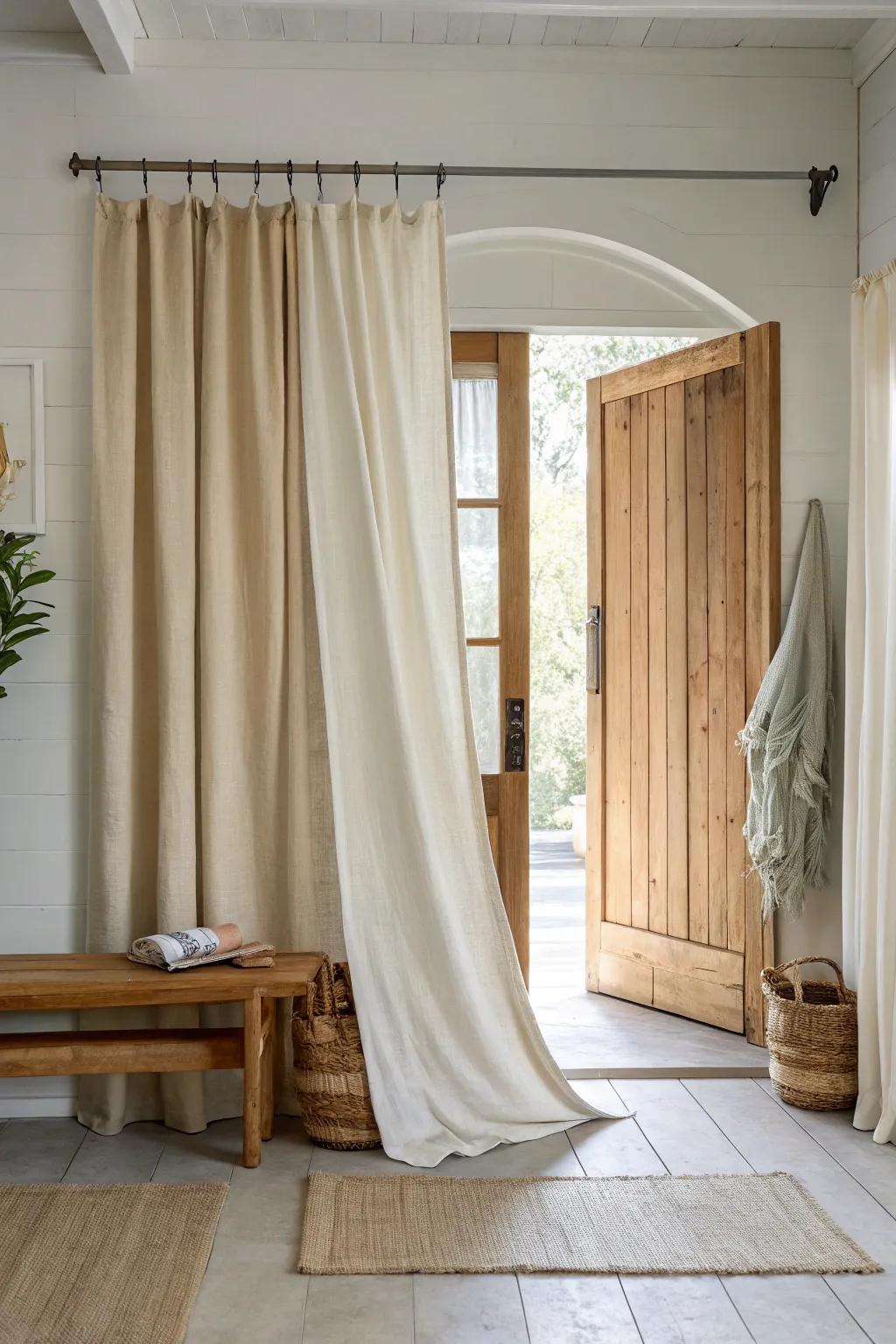 Drapes offer a versatile and elegant divider option. #SoftSpaces #TextileDesign