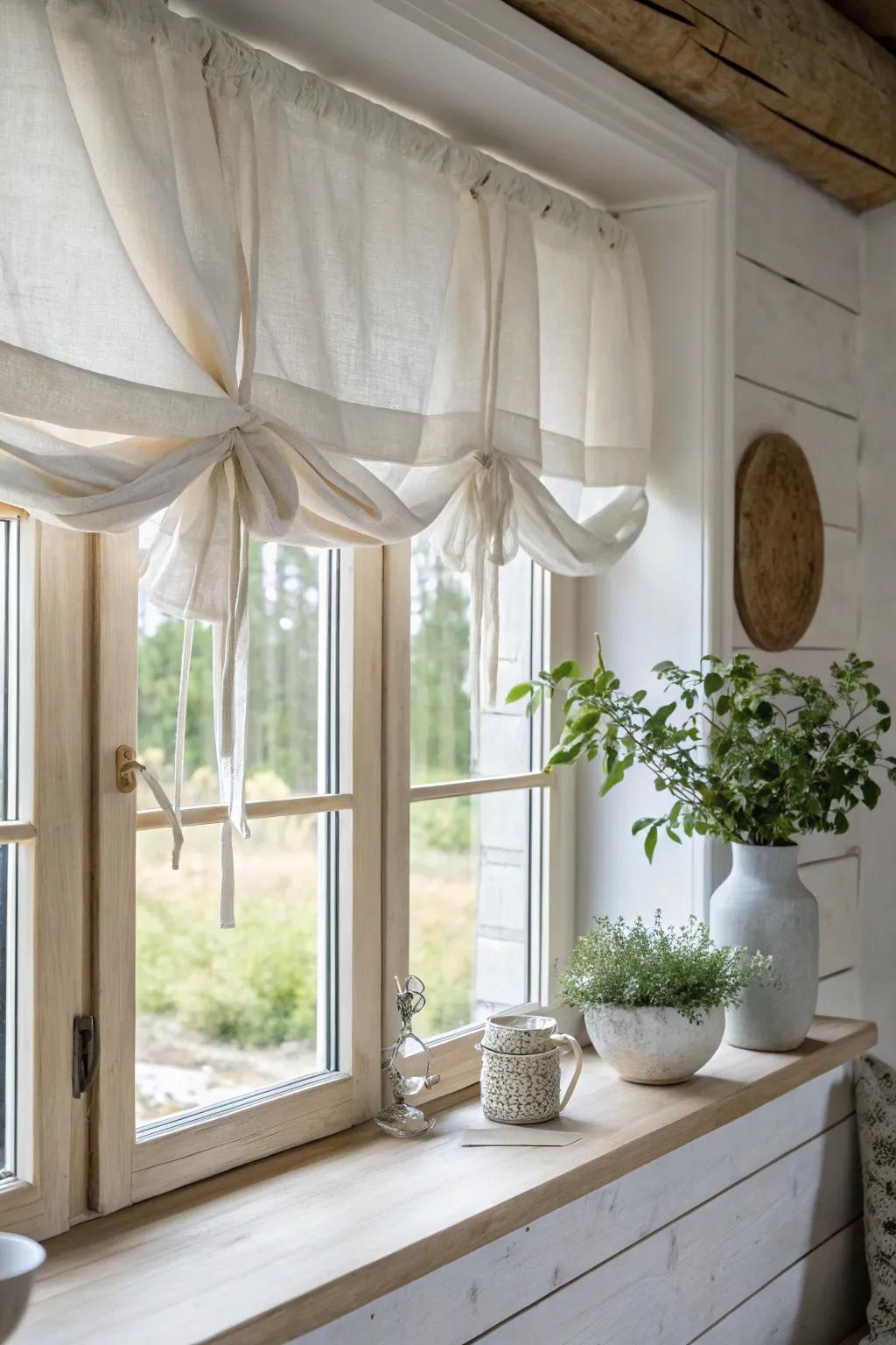 Tie-up valances add structured elegance with a casual twist, perfect for relaxed farmhouse settings.