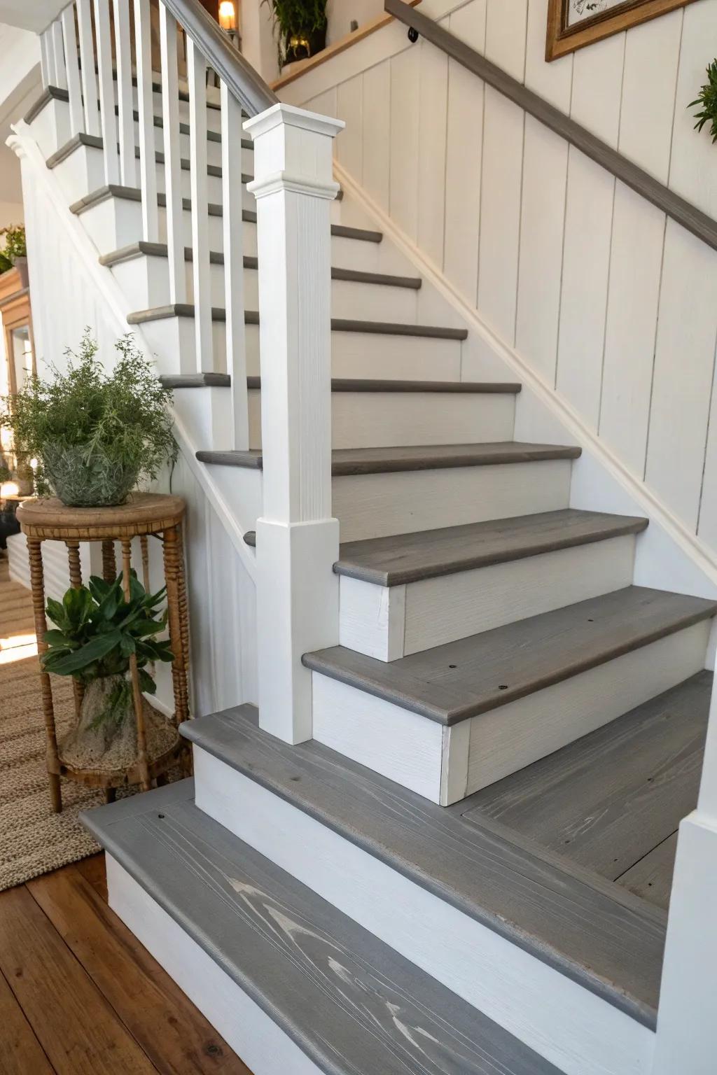 Blend rustic charm with modern elegance using grey-stained wood and white risers for your staircase.