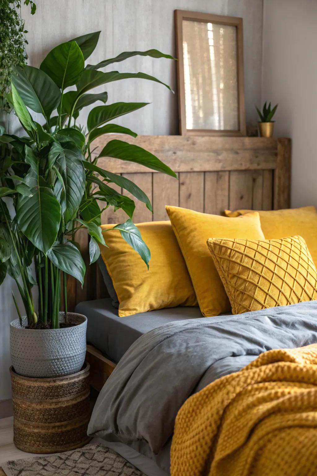 Introduce greenery to your grey bedroom for a breath of fresh air and vibrant contrast.