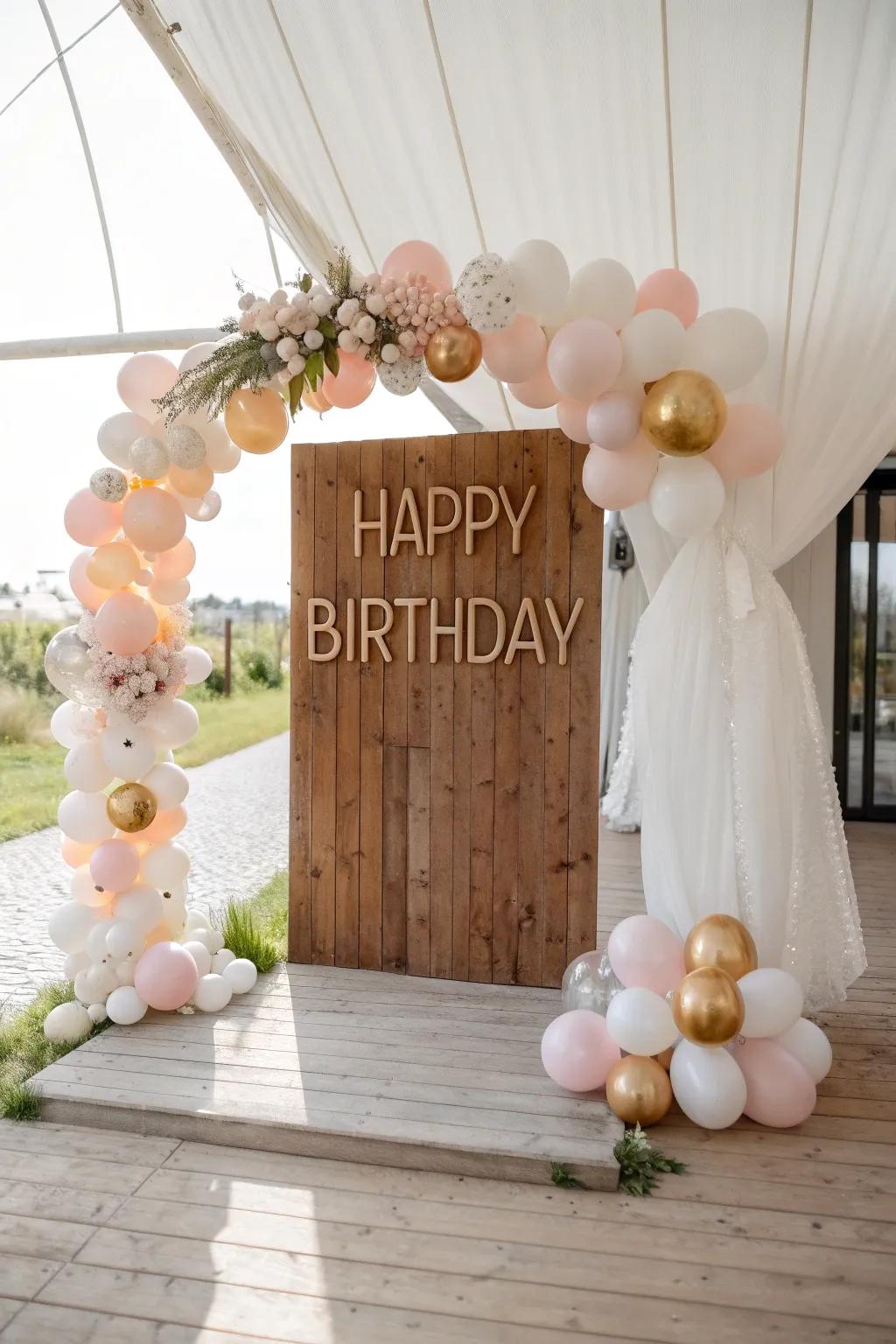 Create a show-stopping entrance with a balloon arch that frames your birthday sign, setting the tone for a fun celebration.