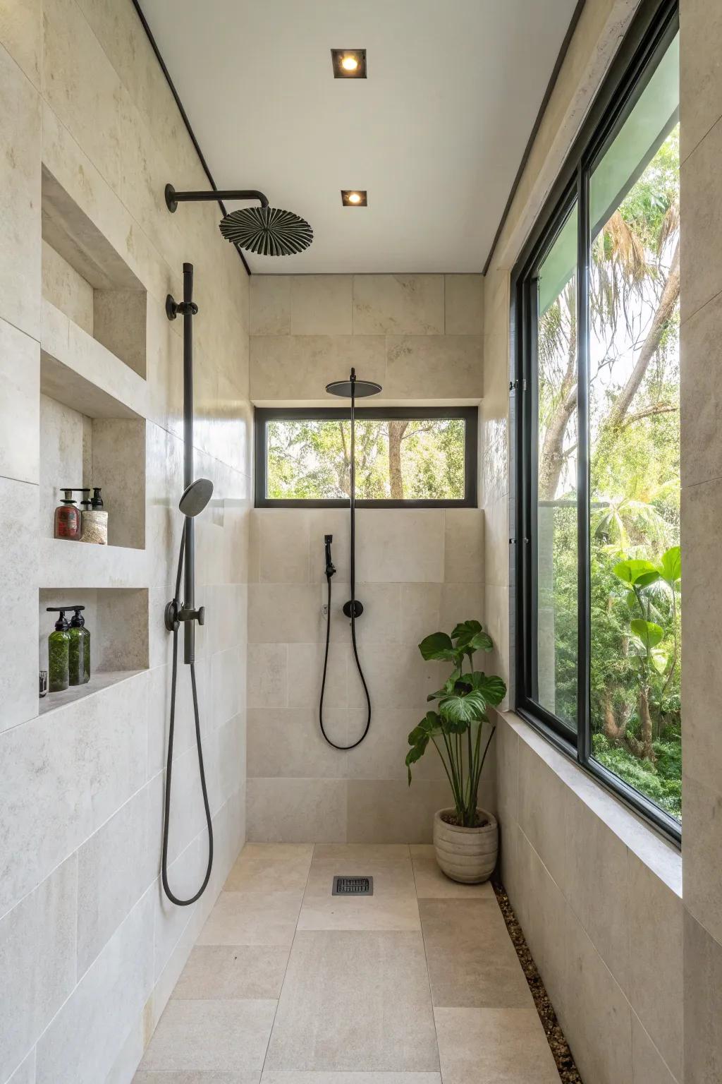 Achieve a serene and modern look with minimalist shower fixtures that exude elegance.
