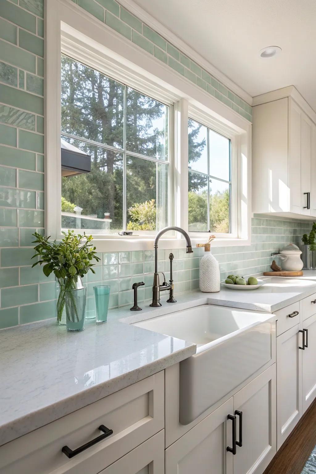 Embrace minimalist elegance with glass tiles that add a subtle touch of sophistication.